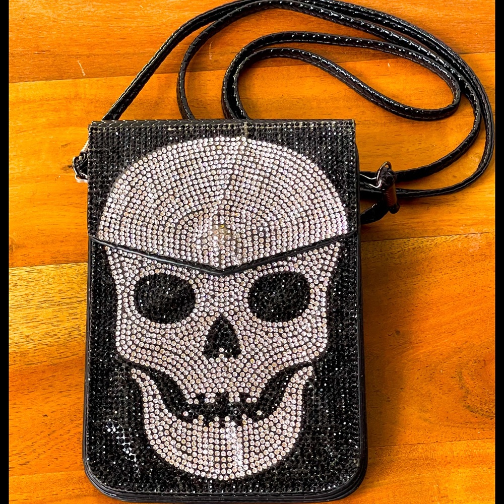 Small Purse Black Patent Leather w/ Skull Set in Clear Crystals Crossbody Bag